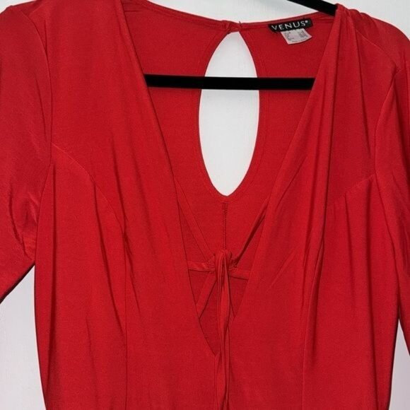 Red Venus Long Sleeve Jumpsuit With Open Front Skirt Overlay Strappy Neckline & - Picture 3 of 12
